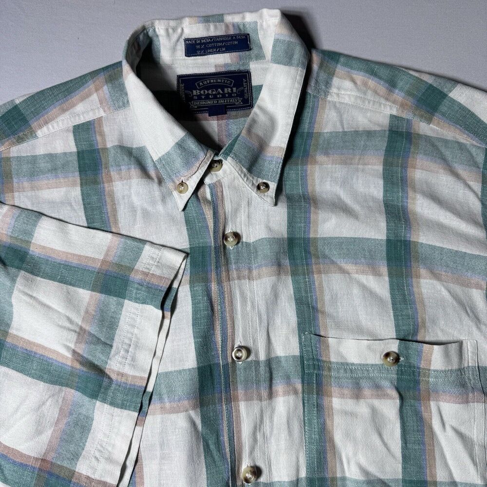 Bogari Studio Mens M Linen Windowpane Plaid Short Sleeve Button Down Shirt